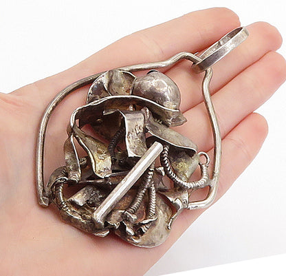 925 Sterling Silver  Vintage Large Oxidized Modernist Sculpted Pendant  PT3951