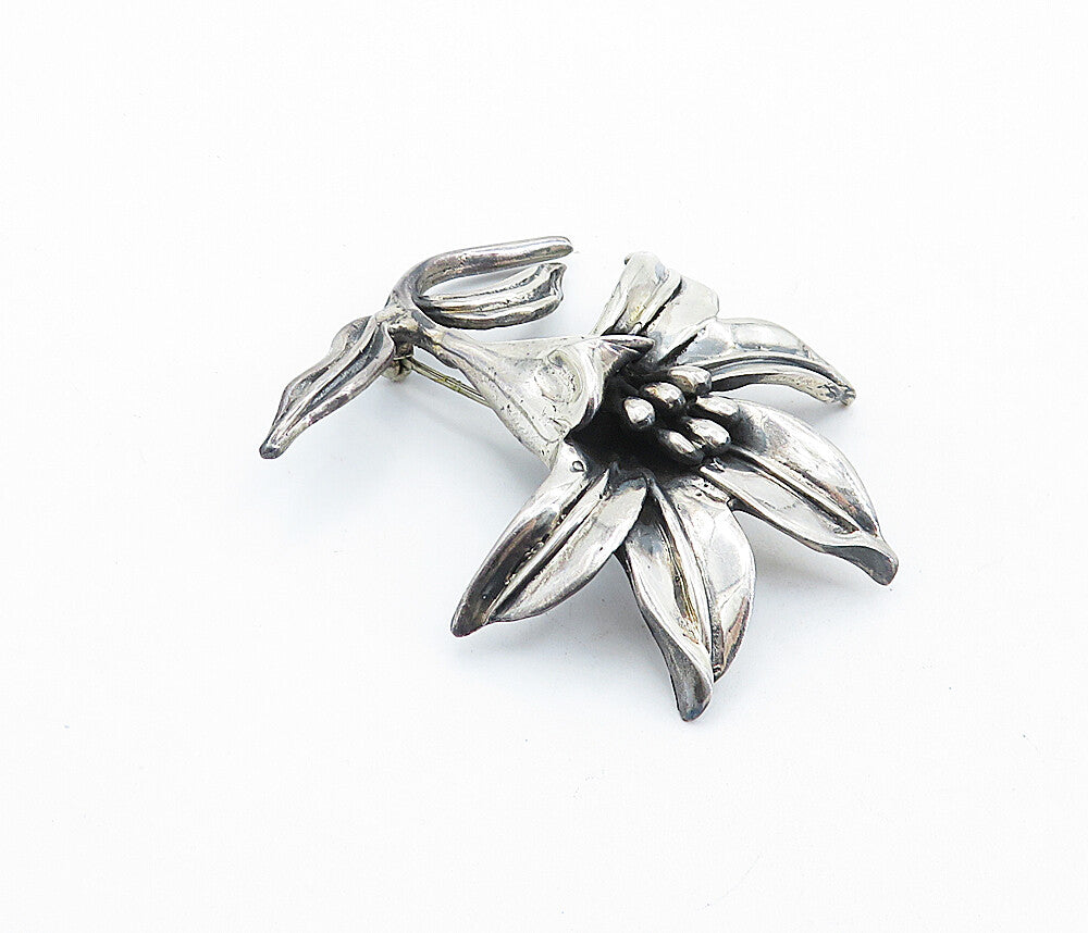 MEXICO 925 Sterling Silver  Vintage Shiny Sculpted Flower Brooch Pin  BP2402