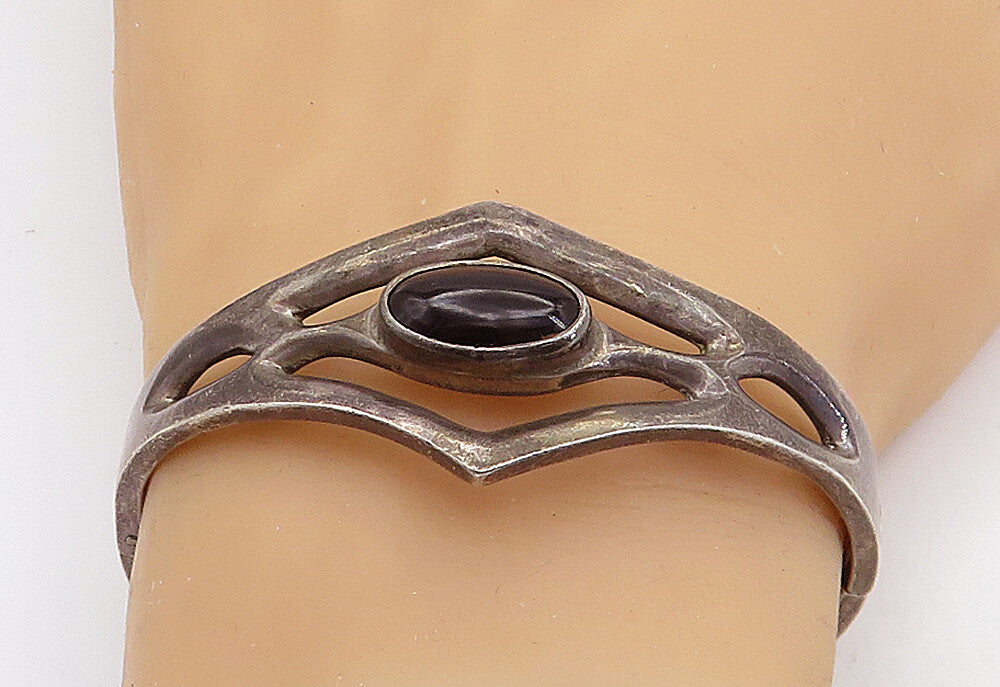 MEXICO 925 Silver  Vintage Black Onyx Dark Tone Open Bangle Bracelet  BT2519