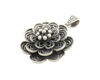 925 Sterling Silver  Vintage Flower Motif Twist Detail Shiny Pendant  PT10722