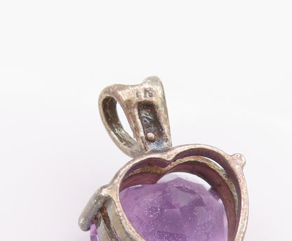 925 Sterling Silver Vintage Pendant Faceted Amethyst Love Heart Charm  PT24957