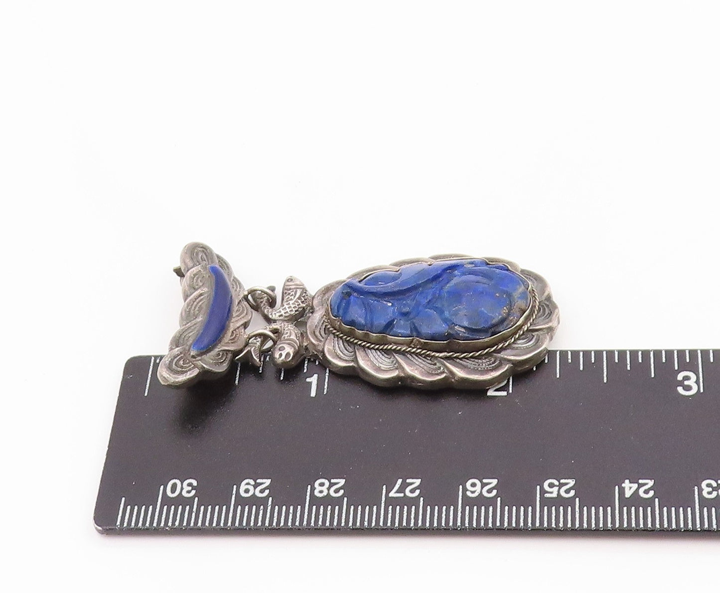 925 Sterling Silver Vintage Brooch Pin CHINESE EXPORT Lapis Lazuli  BP12532