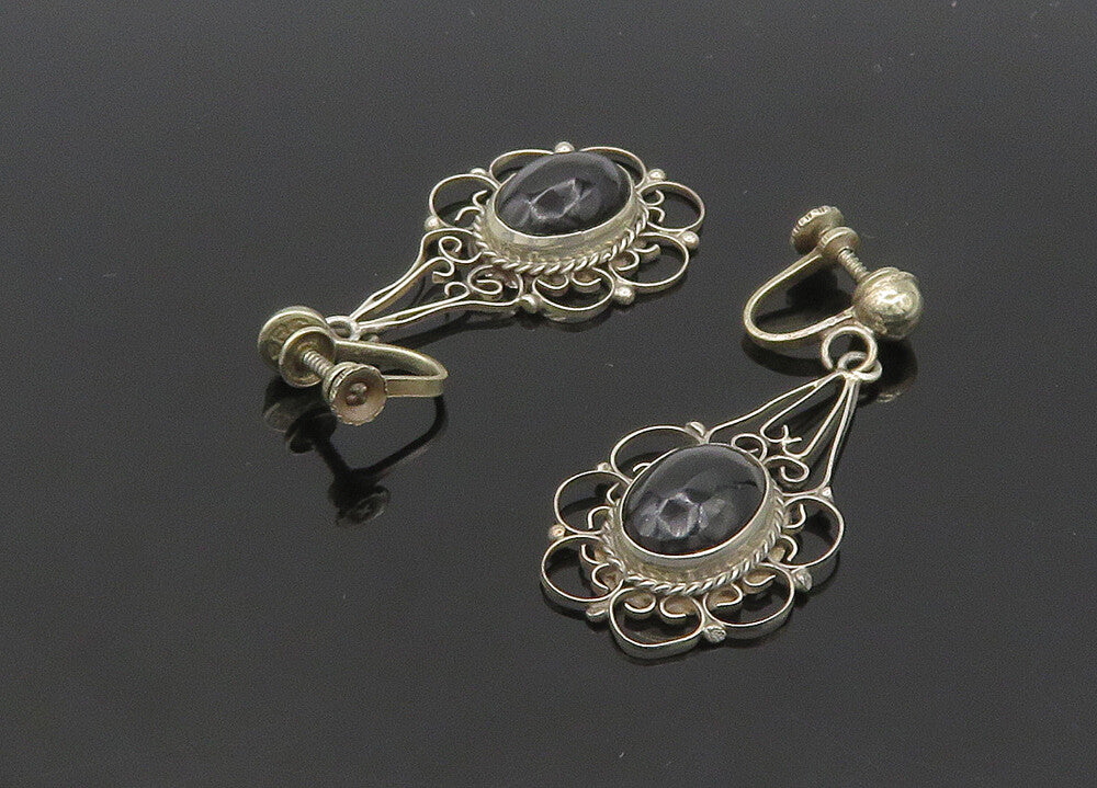 MEXICO 925 Silver  Vintage Black Onyx Floral Non Pierce Earrings  EG10507
