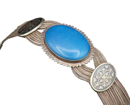 925 Silver  Vintage Oval Blue Howlite & Fleur De Lis Multi Row Bracelet BT9562