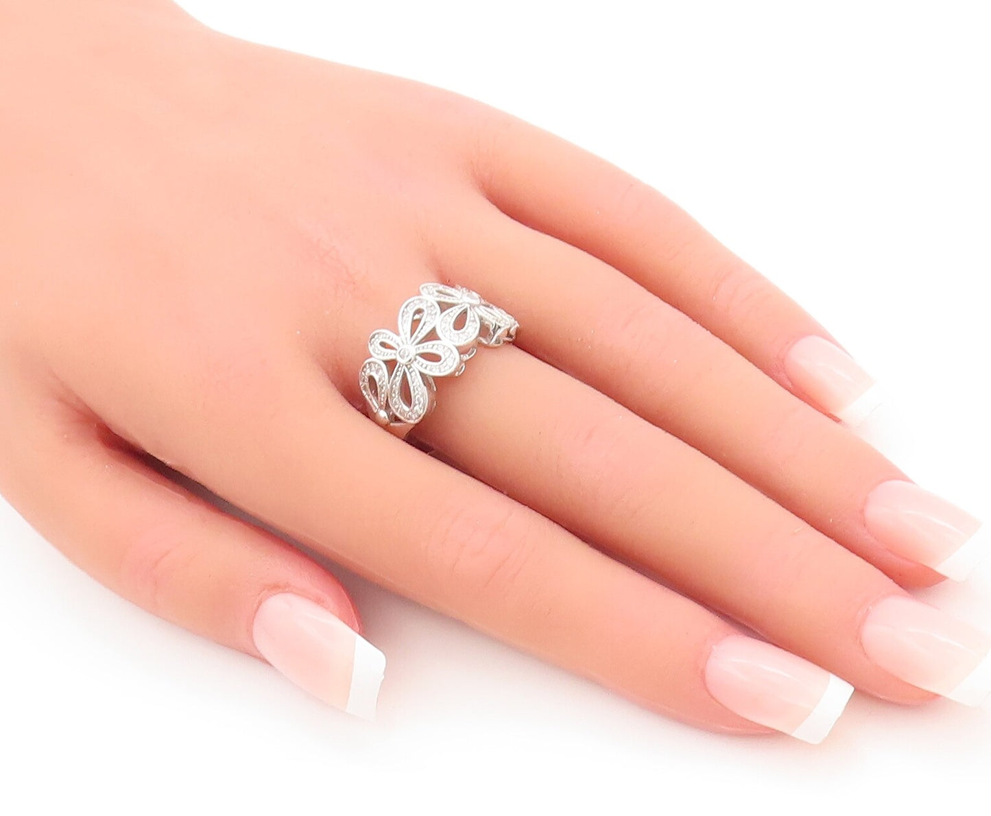 925 Sterling Silver Vintage Ring Solid Cutout CZ Beaded Flowers Sz 10.5  RG28301