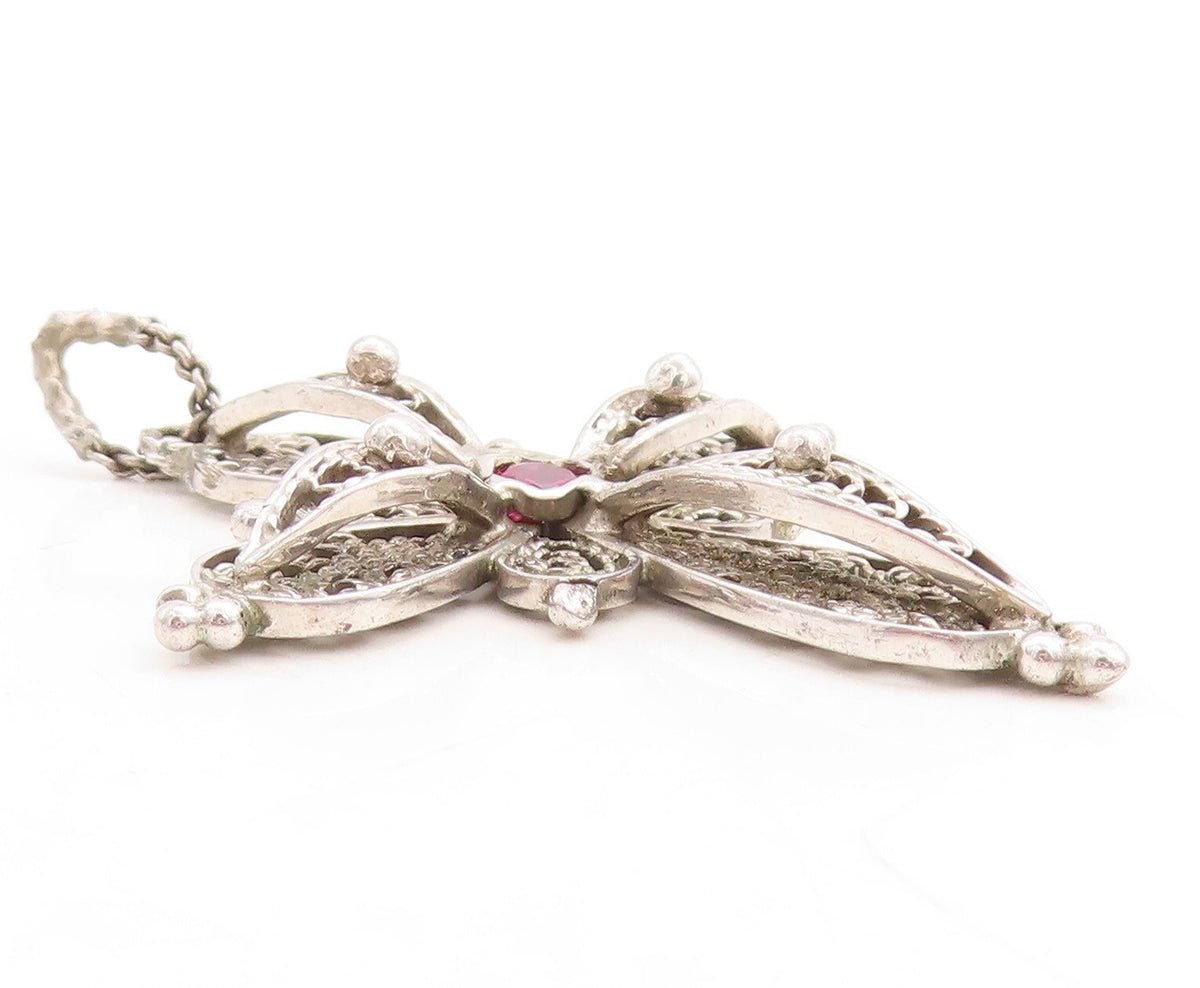 925 Sterling Silver Vintage Pendant Designer Floral Carved Garnet Cross  PT23771