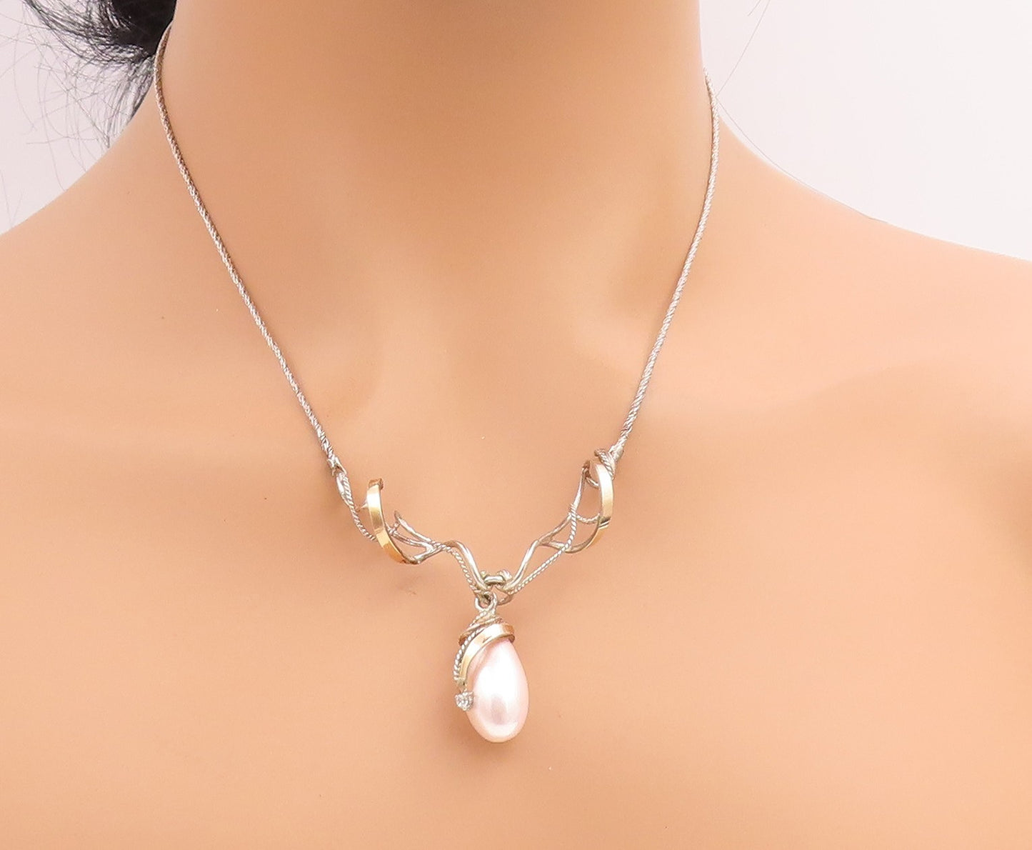 14k Gold & 925 Sterling Silver Vintage Necklace Elegant Pearl & CZ Drop  NE4861
