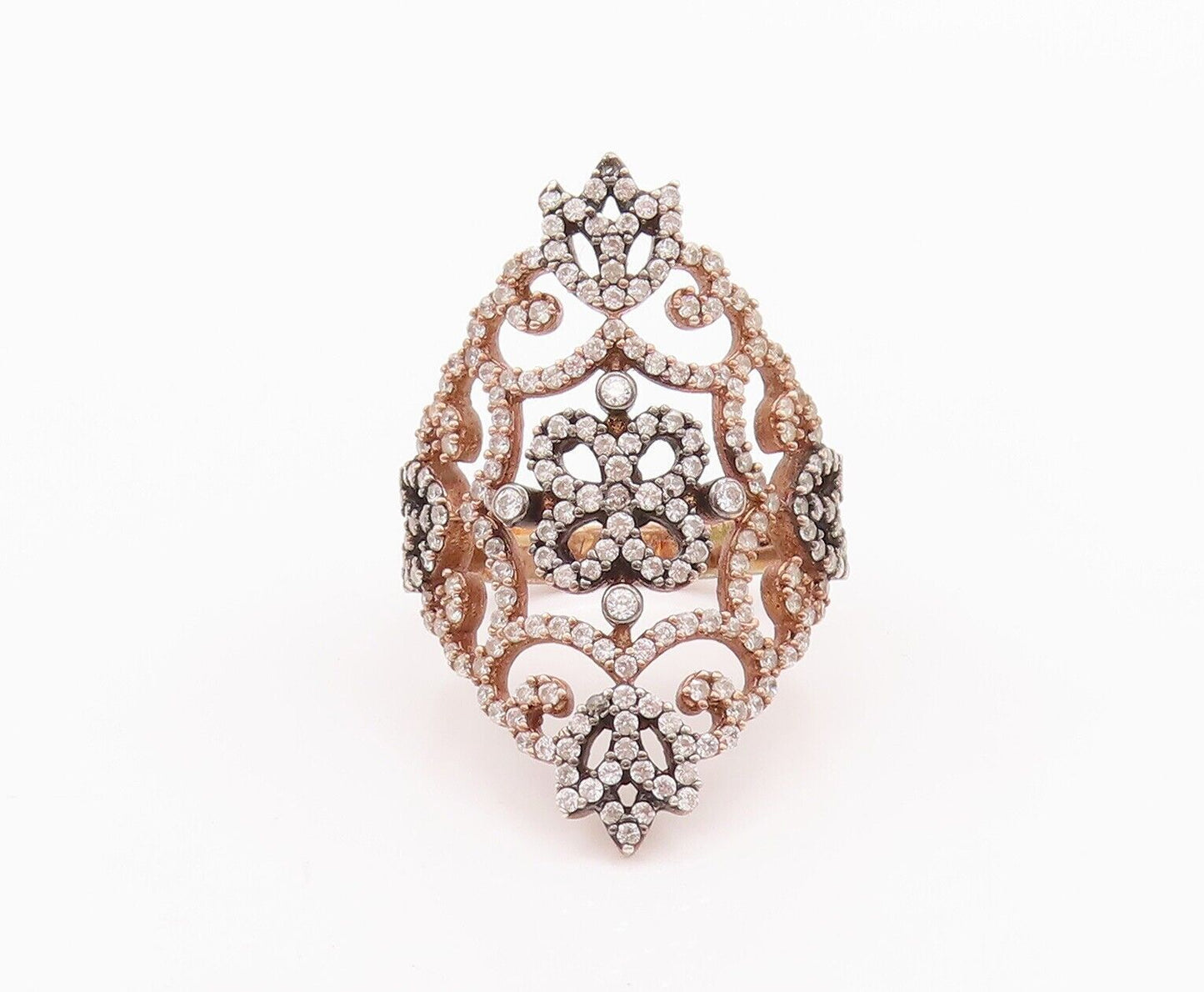 925 Sterling Silver Vintage Ring Swirly Floral Cutout CZ Inlay  Sz 7.5  RG28572