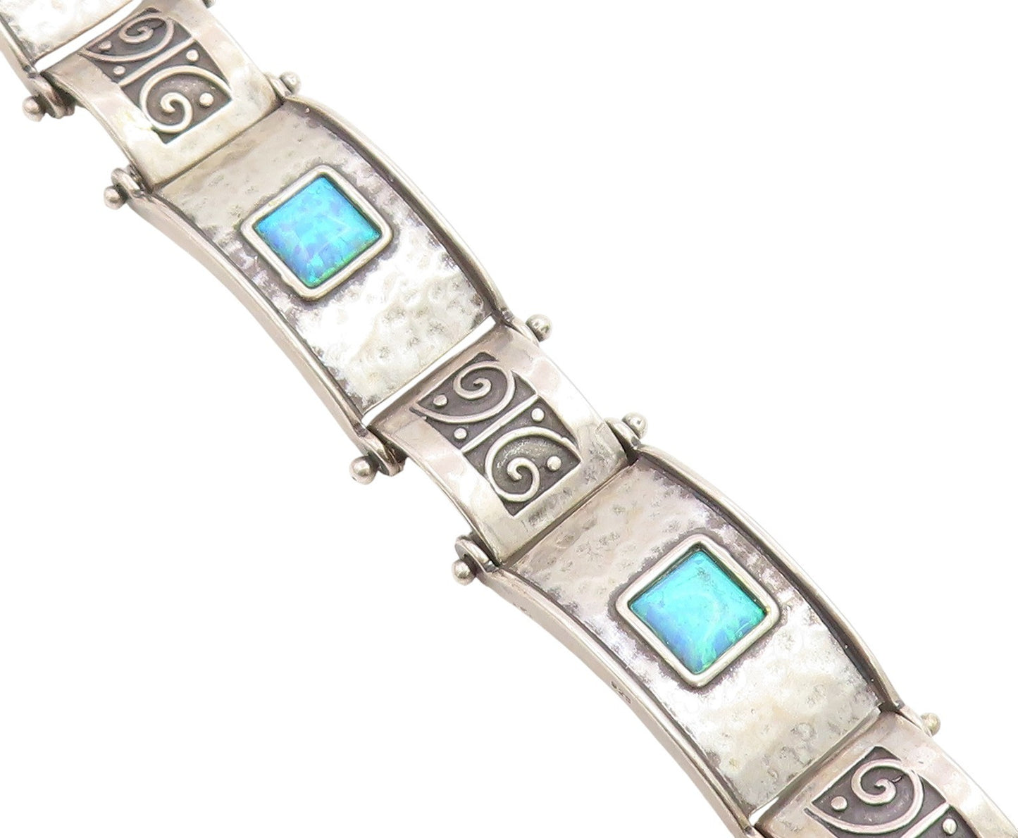 925 Sterling Silver Vintage Bracelet SHABLOOL ISRAEL Opal Hammered Link  BT11443