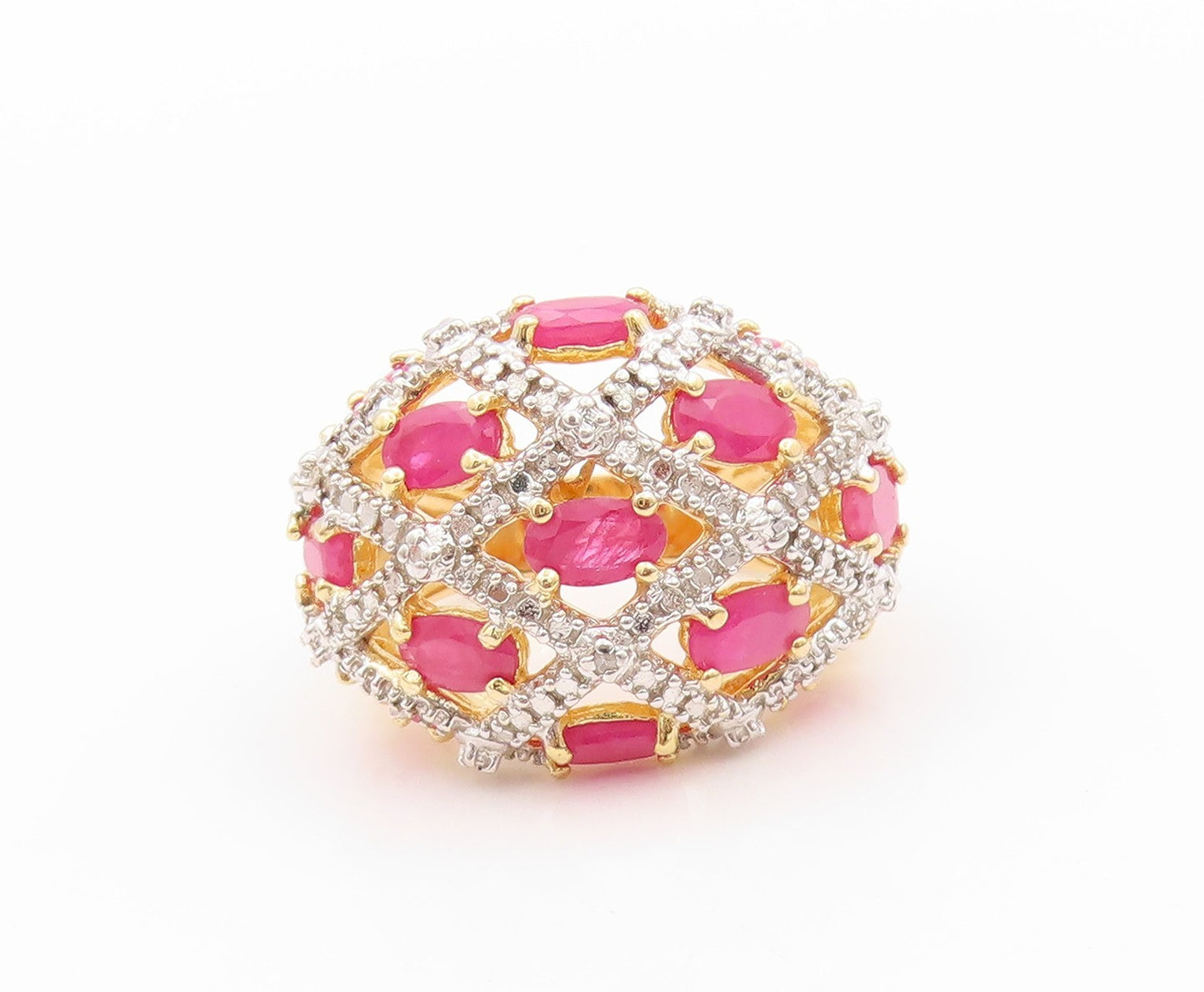 925 Sterling Silver Vintage Ring Gold Plated Oval Cut Ruby & CZ  Sz 5  RG32411
