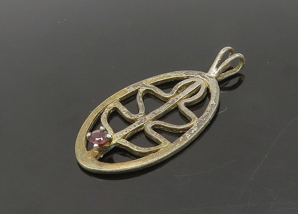 925 Sterling Silver  Vintage Prong Set Garnet Open Design Pendant  PT16922