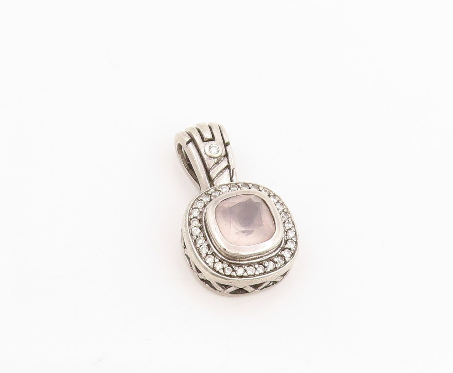 925 Sterling Silver Vintage Pendant Cushion Cut Topaz & Halo CZ Charm  PT25317