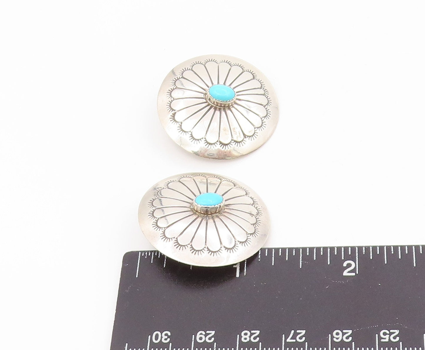 925 Sterling Silver Vintage Earrings NAVAJO Turquoise Etched Conchos  EG13964