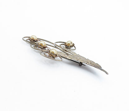 925 Sterling Silver  Vintage Golden Pearls Floral Swirl Brooch Pin  BP1761