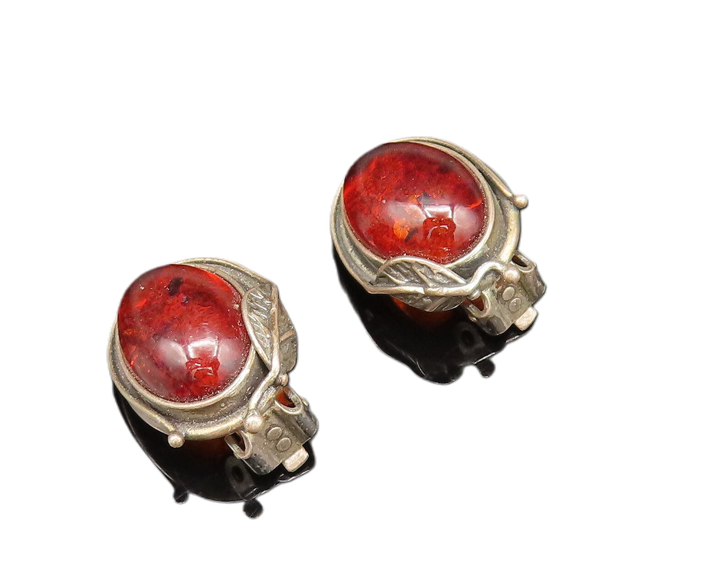 POLAND 925 Silver  Vintage Leaf Wrapped Amber Non Pierced Earrings  EG11757