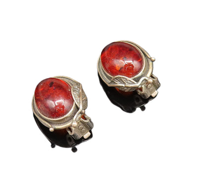 POLAND 925 Silver  Vintage Leaf Wrapped Amber Non Pierced Earrings  EG11757