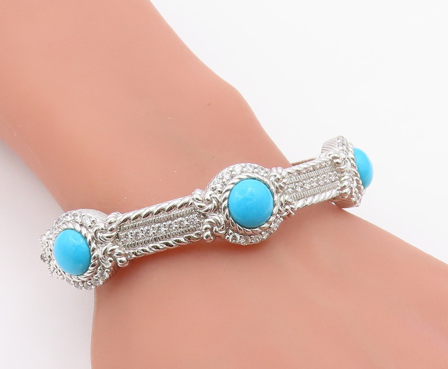 925 Sterling Silver Vintage Bracelet JUDITH RIPKA Turquoise & CZ Cuff  BT12168