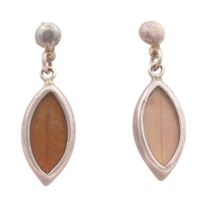 925 Sterling Silver Vintage Earrings Modernist Dangling Real Leaf Framed EG13354