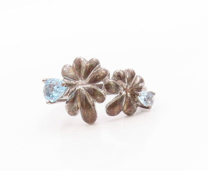 925 Sterling Silver Vintage Ring Blue Topaz Floral Cut Out Band  Sz 7.5  RG33491