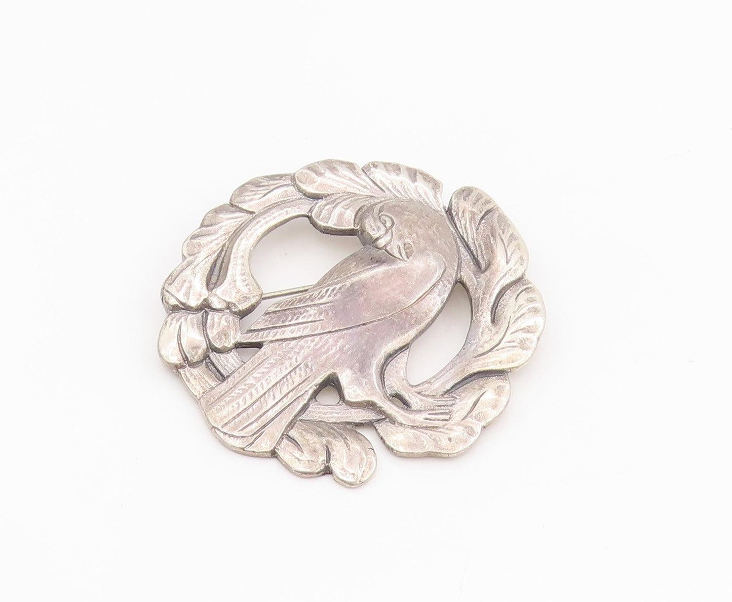 925 Sterling Silver Vintage Brooch Pin Etched Dove In Wreath Motif  BP12169