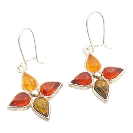 925 Sterling Silver Vintage Earrings Multicolor Amber Floral Dangle  EG14431