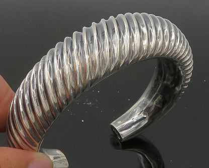 925 Sterling Silver  Vintage Shiny Hollow Fluted Pointed Cuff Bracelet  BT8250