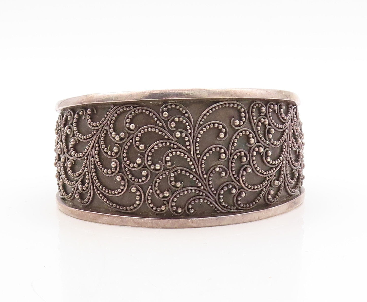925 Sterling Silver Vintage Bracelet BALI Swirly Beaded Carved Cuff  BT10916