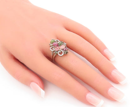 925 Sterling Silver Vintage Ring Diamonds & Gemstones Swirly Carved Sz 7 RG29349