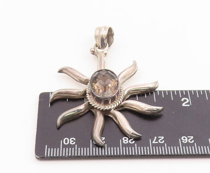 925 Sterling Silver Vintage Pendant Smoky Quartz Modernist Sunburst  PT26096