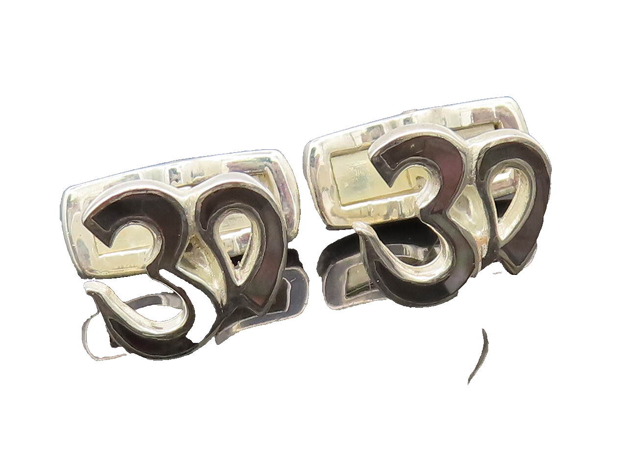 925 Sterling Silver  Vintage Minimalist Carved OM Solid Cuff Links   TR3638