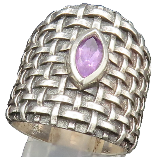 DESIGNER 925 Silver  Vintage Amethyst Basket Weave Wide Band Ring Sz 7 RG25022