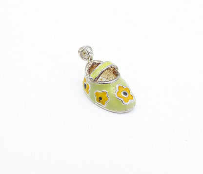 925 Sterling Silver  Vintage Enamel Coated Floral Shoe Drop Pendant  PT2643