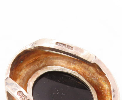 925 Sterling Silver Vintage Pendant Modernist Oval Cabochon Onyx  PT23611