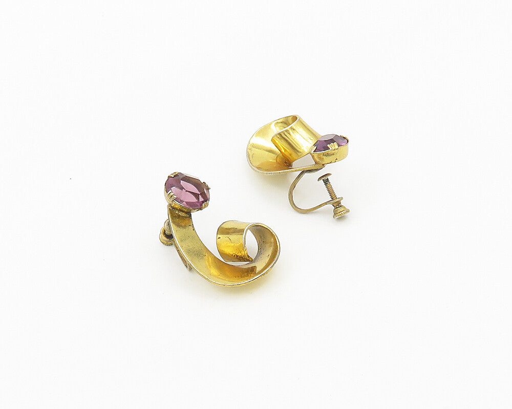 925 Sterling Silver  Vintage Amethyst Shiny Ribbon Non Pierce Earrings  EG9345