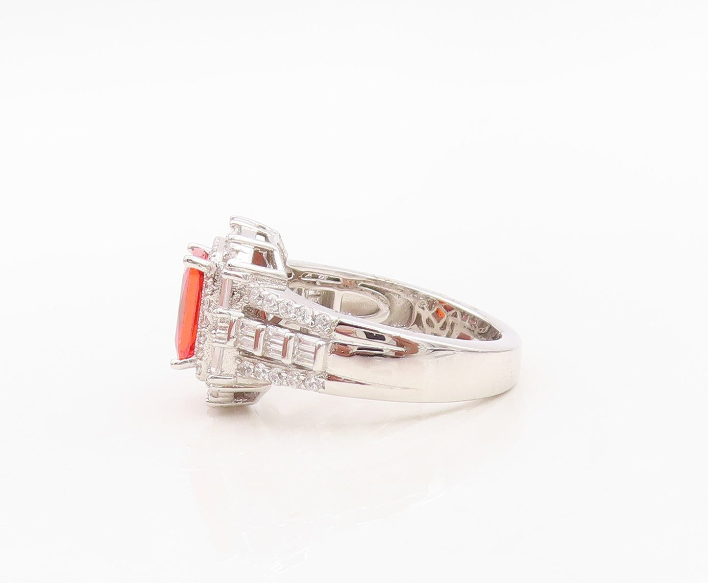 925 Sterling Silver Vintage Ring Rectangle Cut Orange Halo White CZ Sz 7 RG30136