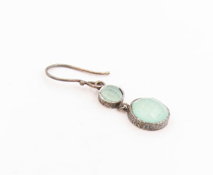 925 Sterling Silver Vintage Earrings Round Green Gemstone Drop Dangles  EG13770