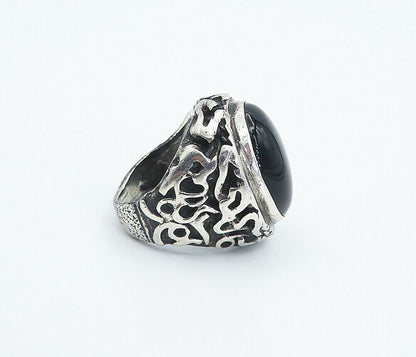 925 Sterling Silver  Vintage Black Onyx Chiseled Cocktail Ring Sz 7  RG8285