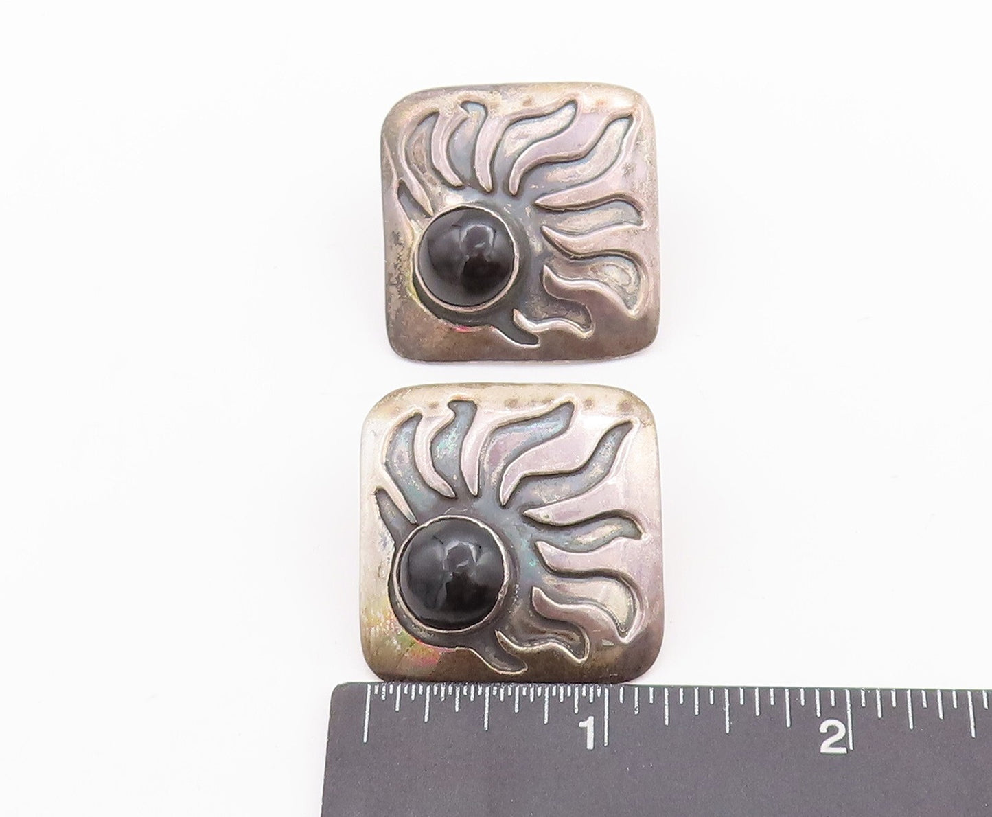 925 Sterling Silver Vintage Earrings Square Carved Onyx Sun Design  EG13100