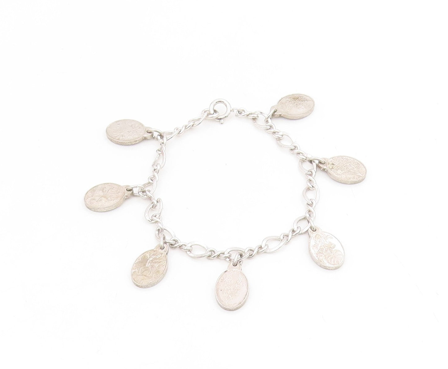 925 Sterling Silver Vintage Bracelet Seven Flowers of Love Oval Charm  BT11711