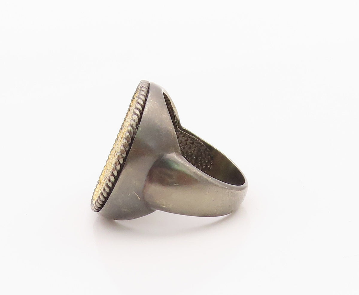 925 Sterling Silver Vintage Ring Two Tone Gemstone Inset Band  Sz 6.5  RG36271