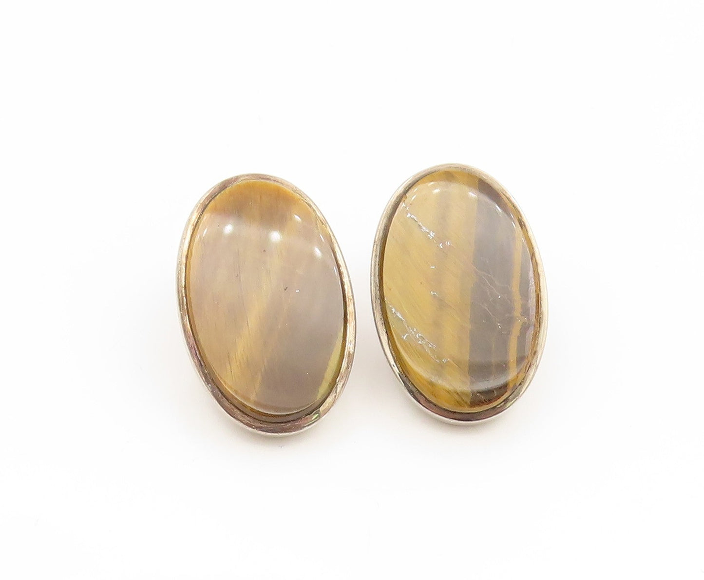 925 Sterling Silver Vintage Earrings PALIU SPAIN Tiger's Eye Clip On  EG14136