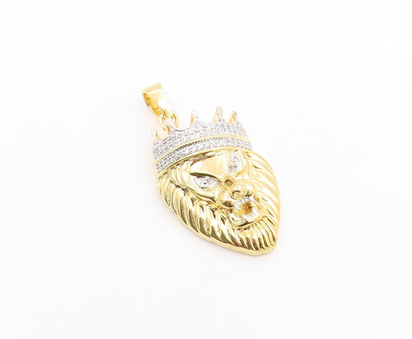925 Sterling Silver Vintage Pendant Gold Plated CZ Crowned Lion Head  PT26217