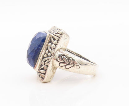 925 Sterling Silver Vintage Ring Blue Gemstone Swirly Carved Frame Sz 8  RG30279