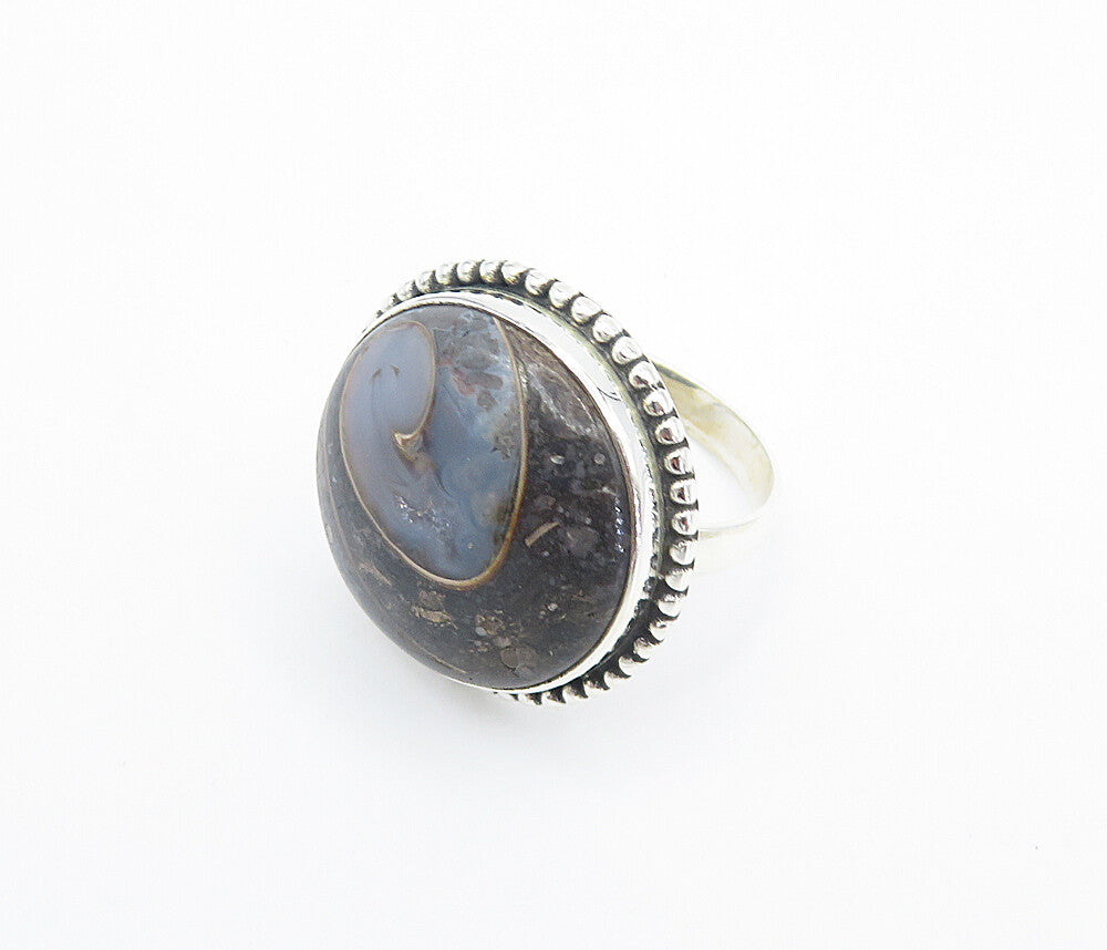 925 Sterling Silver  Cabochon Cut Agate Fluted Trim Cocktail Ring Sz 9  RG8446