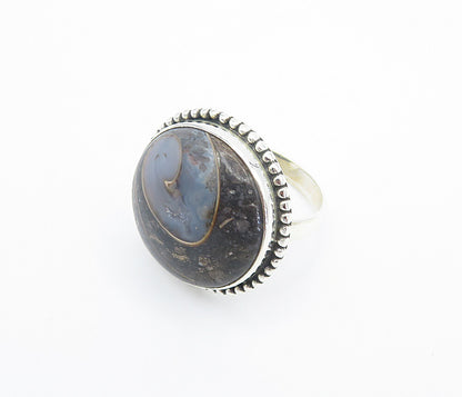 925 Sterling Silver  Cabochon Cut Agate Fluted Trim Cocktail Ring Sz 9  RG8446