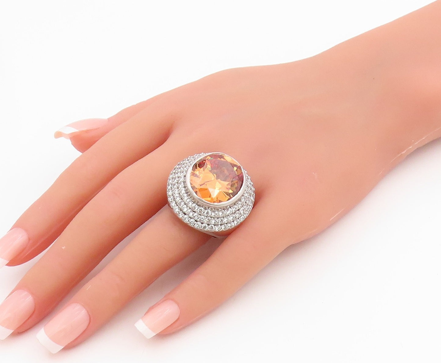 925 Sterling Silver Vintage Ring Citrine & Halo CZ Dome Band HEAVY Sz 9 RG34198