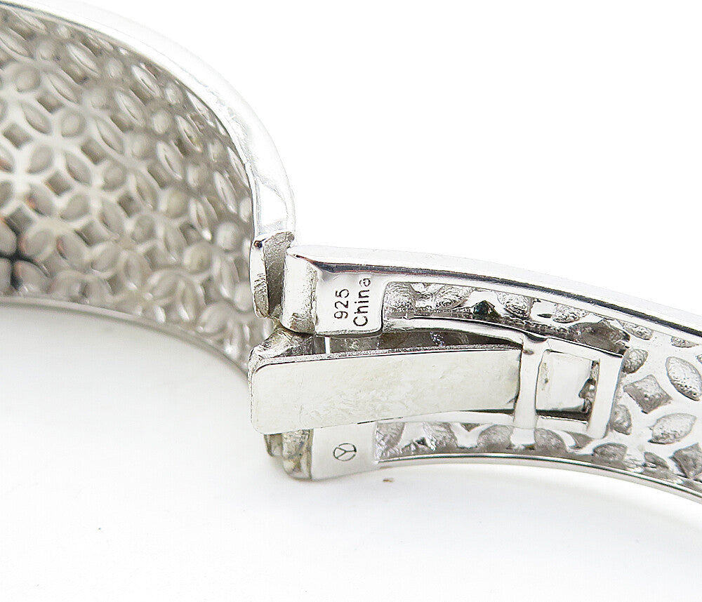 925 Sterling Silver  Black Hematite Flower Patterned Cuff Bracelet  BT2887