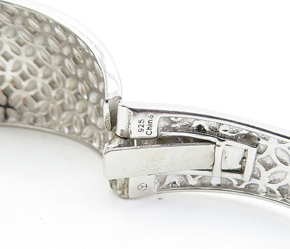 925 Sterling Silver  Black Hematite Flower Patterned Cuff Bracelet  BT2887