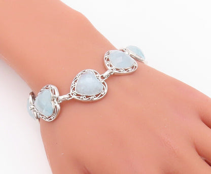 925 Sterling Silver Vintage Bracelet Heart Shape Aquamarine Swirly Cut  BT10710