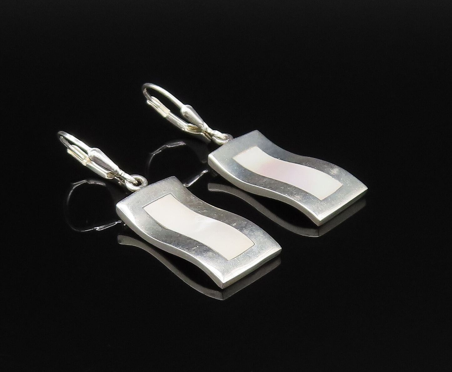 925 Silver  Vintage Inlaid Mother Of Pearl Curved Rectangle Earrings  EG11887